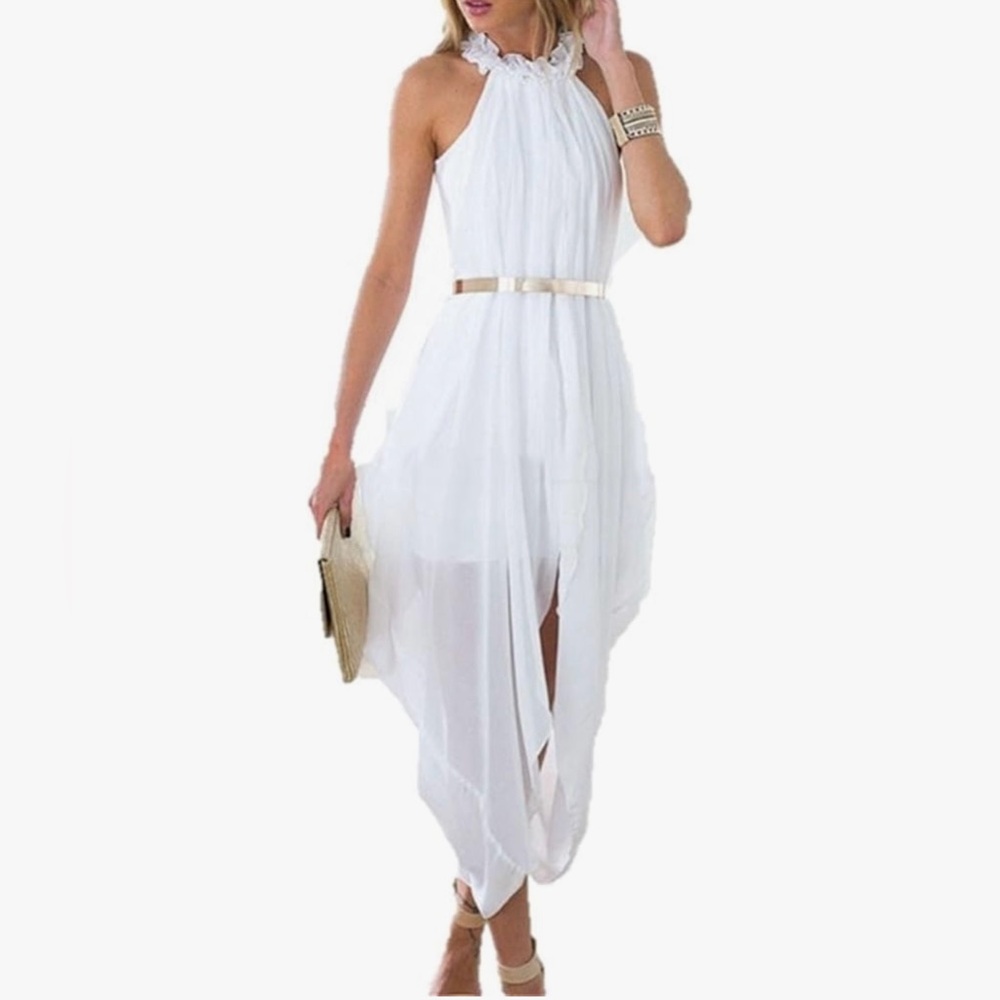 Elegant White Halter with Chiffon Overlay Dress -large